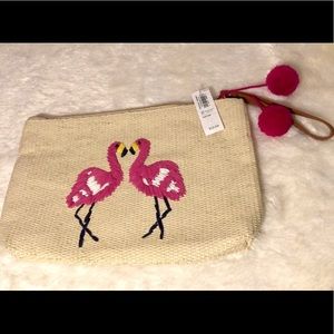 Straw Flamingo Large Wristlet Vegan Purse Old Navy New